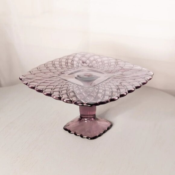 Vintage LE Smith Medium Square Dark Purple Glass Trellis Cake Stand - Picture 5 of 6